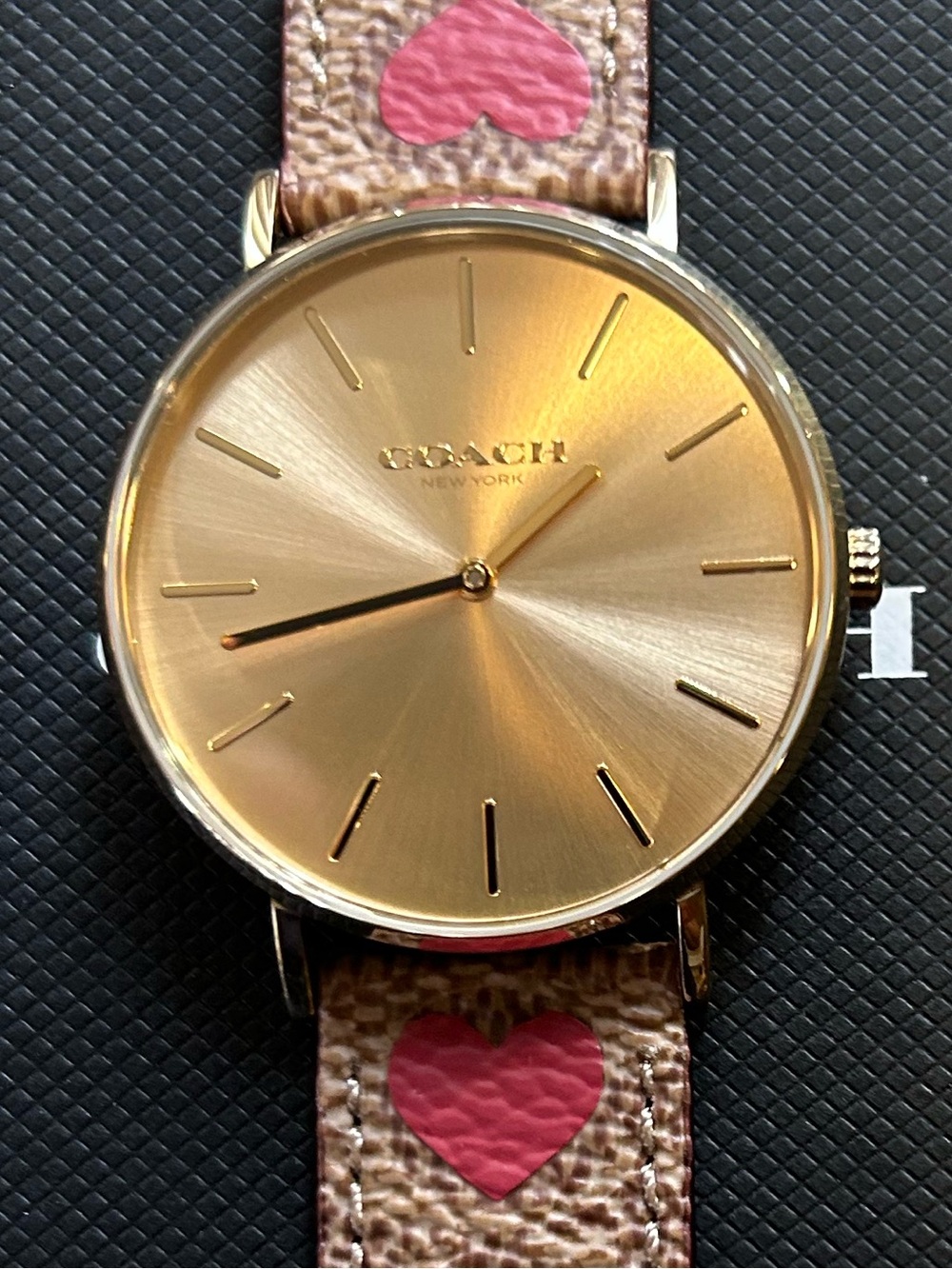 Coach Perry Watch With 36mm Golden Face & Brown Leather Band With Hearts Design